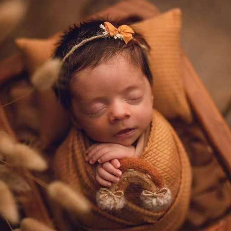 Newborn Photography Prop Set Light Brown Pillow Background Swaddle Blanket Headband Outfit - Image 4