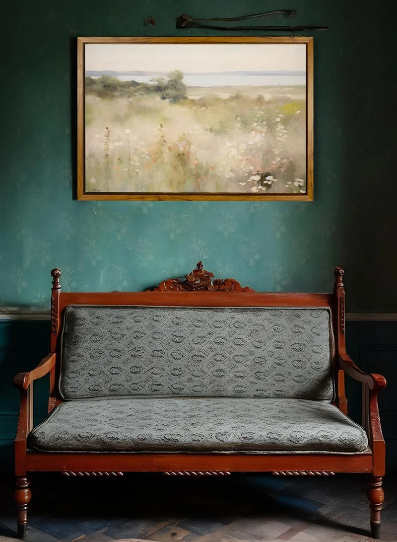 LOWHA Canvas Wall Art Stretched Over Wooden Frame with Wooden Color Floating Frame and Vintage Style Flowers and Trees Painting
