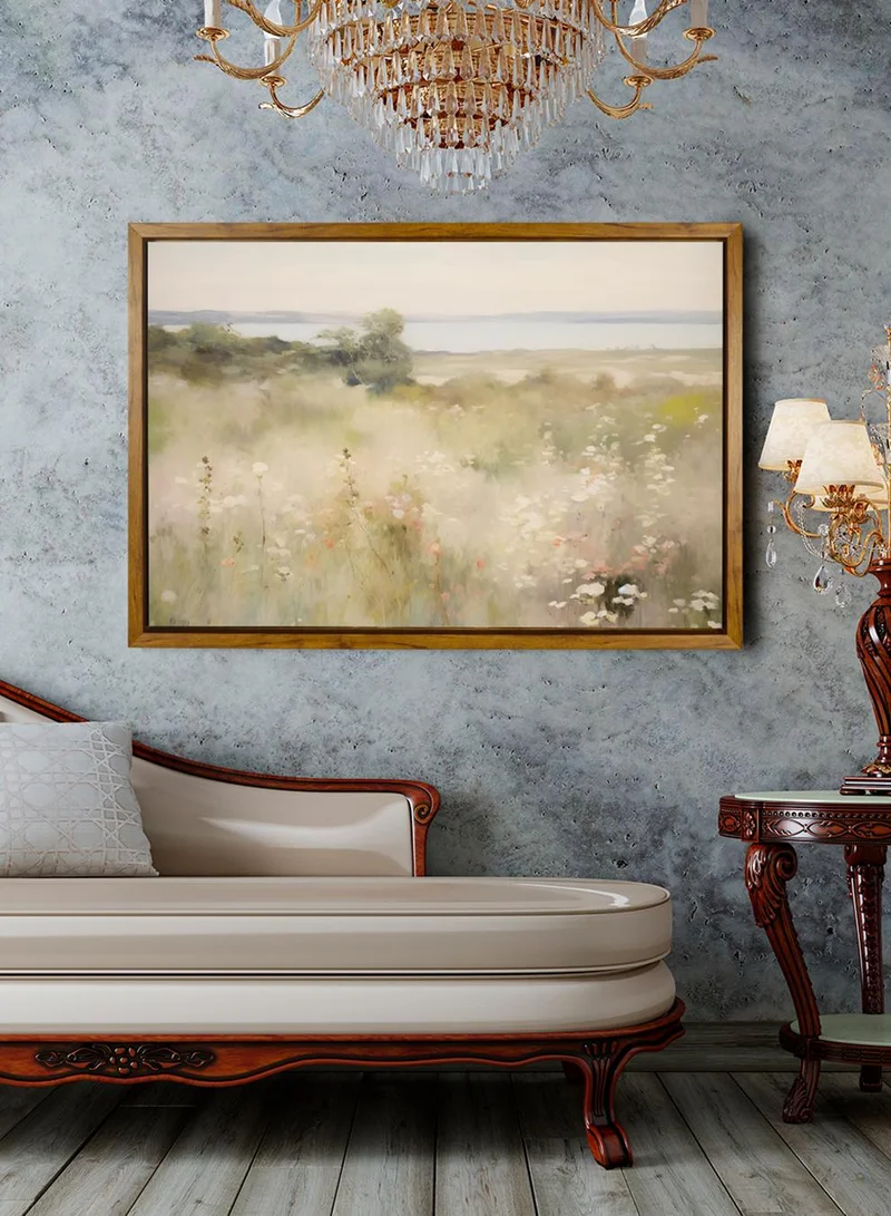 LOWHA Canvas Wall Art Stretched Over Wooden Frame with Wooden Color Floating Frame and Vintage Style Flowers and Trees Painting