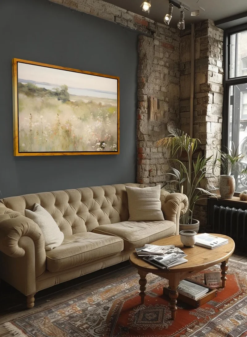 LOWHA Canvas Wall Art Stretched Over Wooden Frame with Wooden Color Floating Frame and Vintage Style Flowers and Trees Painting