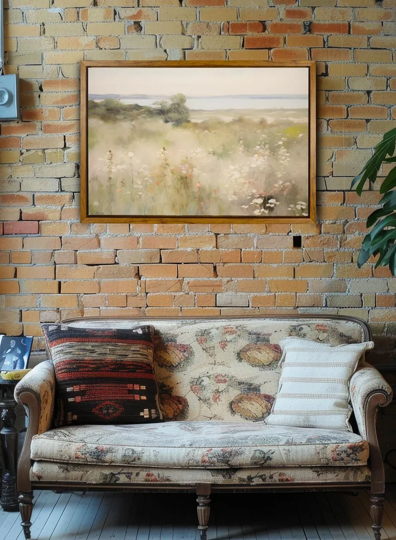 LOWHA Canvas Wall Art Stretched Over Wooden Frame with Wooden Color Floating Frame and Vintage Style Flowers and Trees Painting