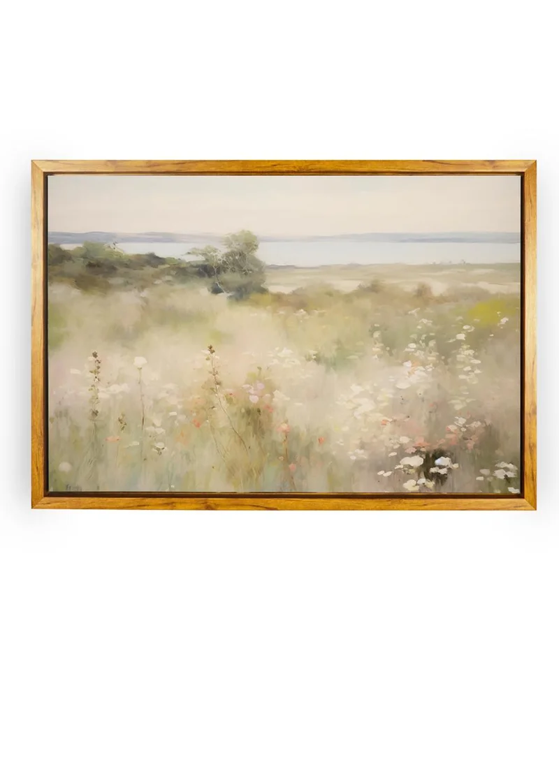 LOWHA Canvas Wall Art Stretched Over Wooden Frame with Wooden Color Floating Frame and Vintage Style Flowers and Trees Painting