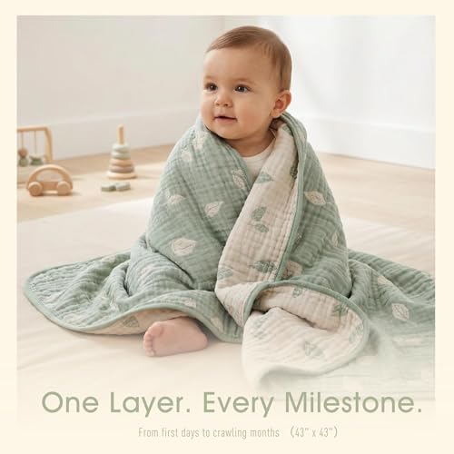 HardNok Botanical Muslin Baby Blanket Made with Organic Cotton Sage Green Leaf Jacquard for Gender Neutral Nursery Baby Registry Gift 43x43 Inches Terra Sage Green - Image 3