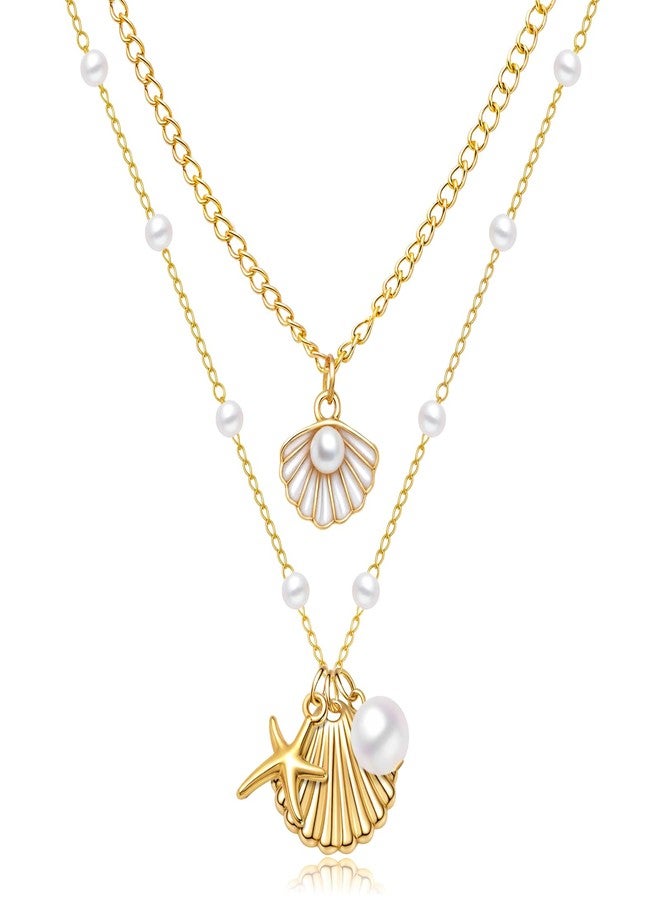 Nanafast Layered Seashell Necklace for Women Adjustable Boho Sea Shell Starfish Pendant Necklaces Beach Jewelry for Summer Outfits with Velvet Pouch-2 Pcs - Image 1