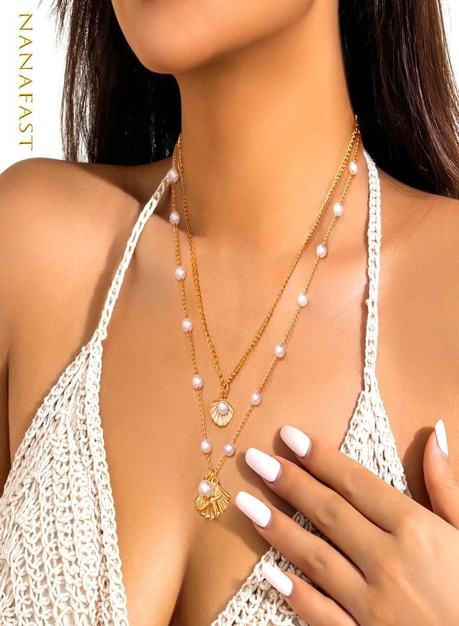 Nanafast Layered Seashell Necklace for Women Adjustable Boho Sea Shell Starfish Pendant Necklaces Beach Jewelry for Summer Outfits with Velvet Pouch-2 Pcs - Image 3