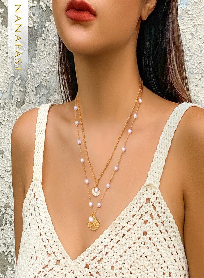 Nanafast Layered Seashell Necklace for Women Adjustable Boho Sea Shell Starfish Pendant Necklaces Beach Jewelry for Summer Outfits with Velvet Pouch-2 Pcs - Image 2