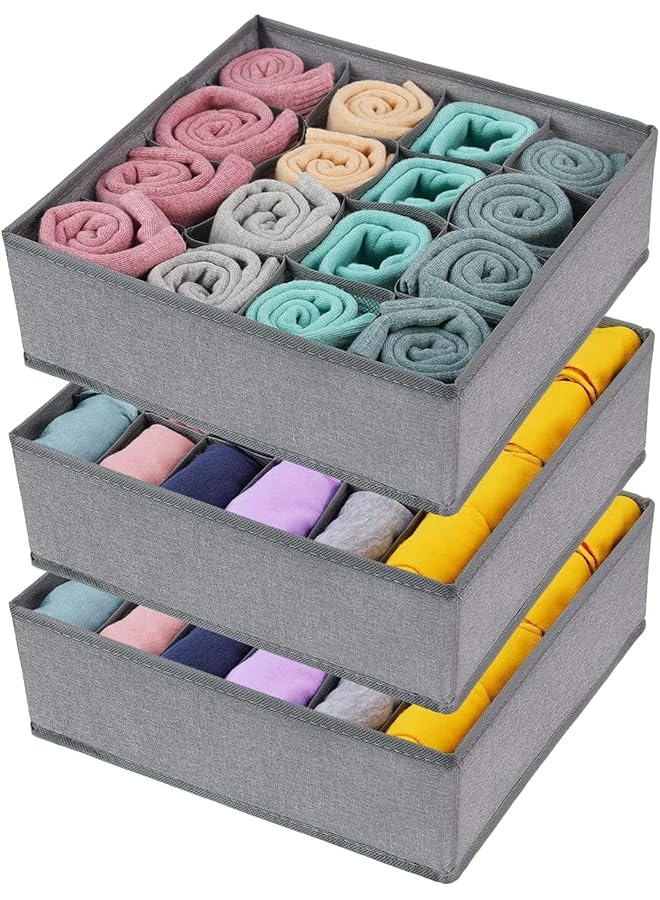 Green Tiger 3 Pack Socks Underwear Drawer Organizers,64 Cell Underwear Organizer Dividers,Foldable Cabinet Closet Organizers,Storage Boxes,For erorexng Socks,Underwear,Ties(16+24+24 Cell,Gray) - Image 1