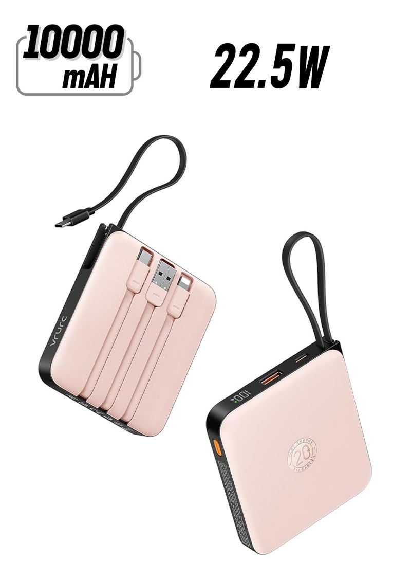 VRURC شاحن محمول VRURC مع كابل مدمج، 10000 مللي أمبير 22.5 واط شحن سريع، بنك طاقة USB C، شاشة LED متوافقة مع آيفون 15 14 جالاكسي S23 جوجل بيكسل تابلت أندرويد