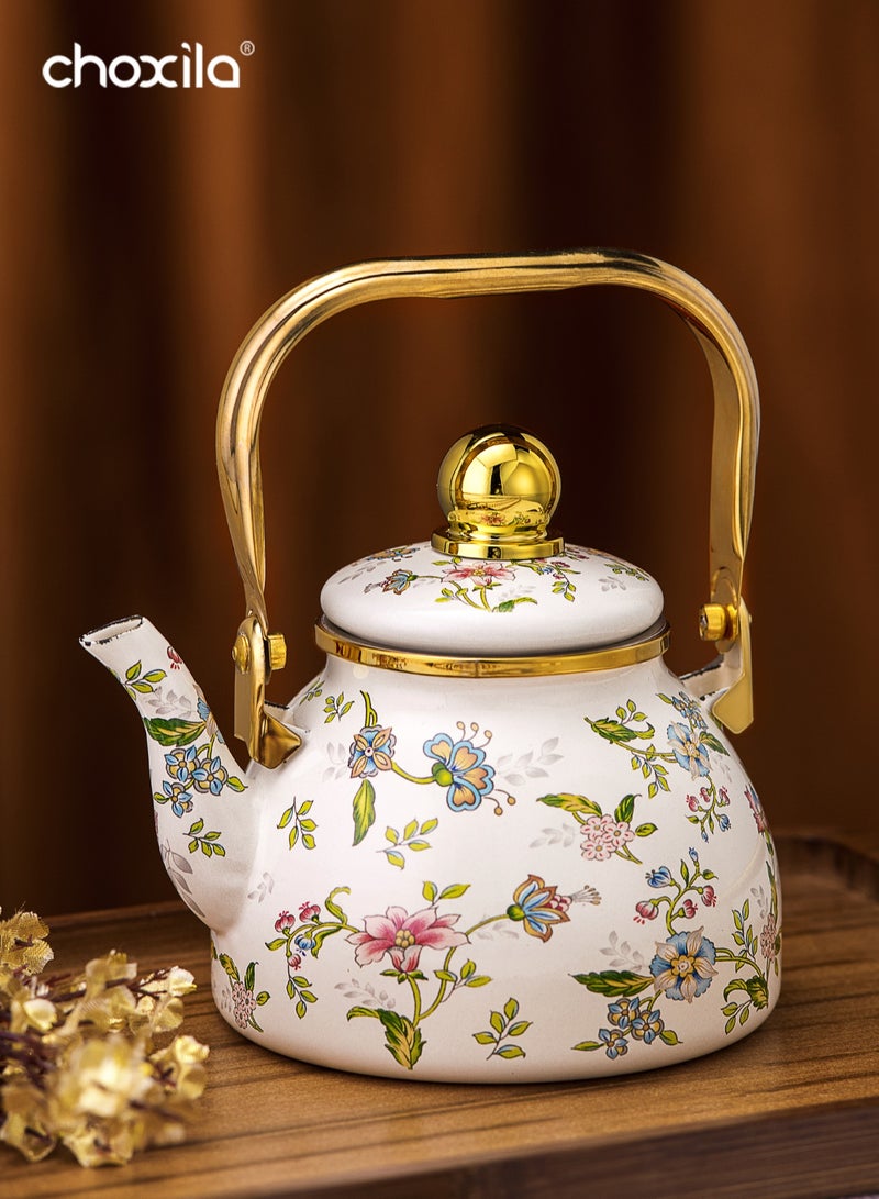 choxila Enamel Teapot 1.2L Off-White Flower Bird Pattern Kettle with Tea Infuser Black Tea Pot Golden Handle for Daily Use Home Kitchen Gift - Image 2