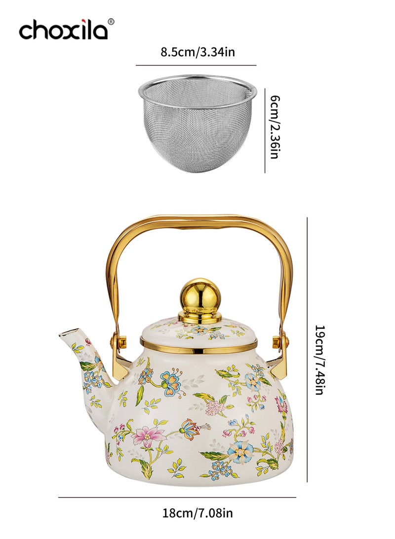 choxila Enamel Teapot 1.2L Off-White Flower Bird Pattern Kettle with Tea Infuser Black Tea Pot Golden Handle for Daily Use Home Kitchen Gift - Image 3