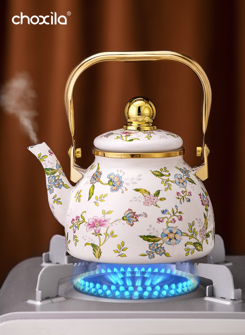 choxila Enamel Teapot 1.2L Off-White Flower Bird Pattern Kettle with Tea Infuser Black Tea Pot Golden Handle for Daily Use Home Kitchen Gift - Image 4
