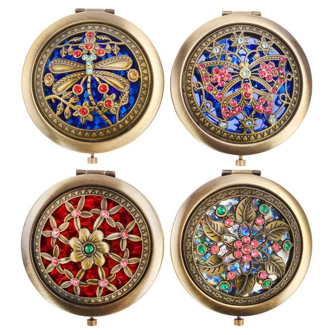 4 PCS VINTAGE FOLDABLE MIRROR METAL VANITY MIRROR TRAVEL MIRROR MAKEUP MIRROR POCKET MIRROR DOUBLE SIDED COMPACT COSMETIC MIRROR BRONZE RANDOM STYLE