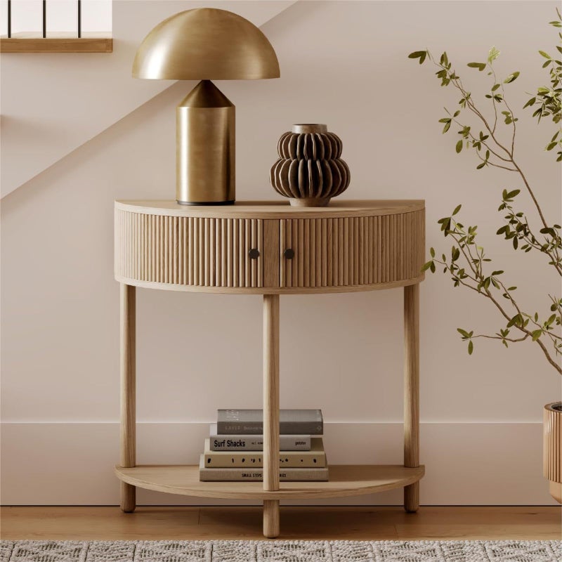 Stead Fluted Half Moon Shaped Console Table, Small Entry Desk, Living Room Furniture, Modern Home Decor, Solid Wood Entryway Table with Two Doors and Black Knobs (Natural Oak) - Image 1