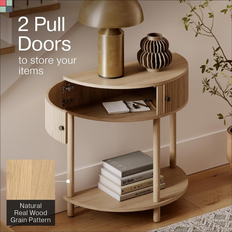 Stead Fluted Half Moon Shaped Console Table, Small Entry Desk, Living Room Furniture, Modern Home Decor, Solid Wood Entryway Table with Two Doors and Black Knobs (Natural Oak) - Image 5