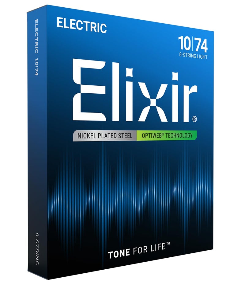 Elixir Strings, Electric Guitar Strings, Nickel Plated Steel with OPTIWEB Technology, Longest-Lasting Crisp Tone with Comfortable Feel, 8 String Set, Light 10-74 - Image 1
