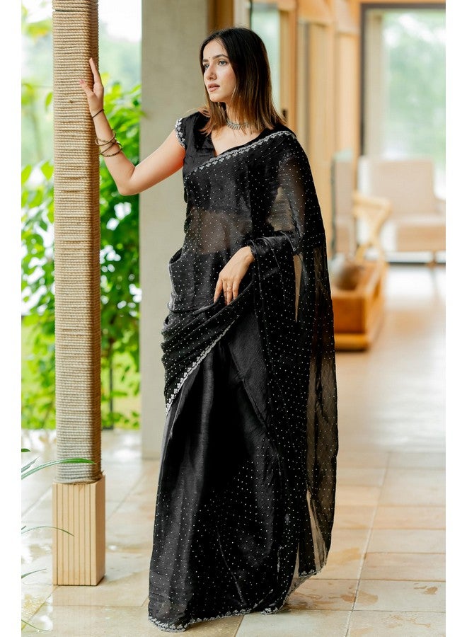 Subham Women's Organza Solid Embellished Saree with Blouse Piece (42295-Black) - Image 3