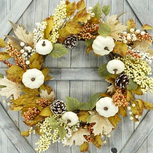 WreathDream 22’’ Artificial Fall Wreath Autumn Door Wreath with Pumpkin,Maple Leaf,Ivy Leaf,Colorful Berry for Front Door Farmhouse Thanksgiving Indoor Outdoor Porch Window Wall Door Decoration - Image 1