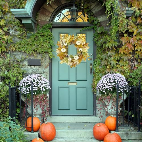 WreathDream 22’’ Artificial Fall Wreath Autumn Door Wreath with Pumpkin,Maple Leaf,Ivy Leaf,Colorful Berry for Front Door Farmhouse Thanksgiving Indoor Outdoor Porch Window Wall Door Decoration - Image 2