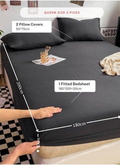 LUNA Home 3-Piece Set: queen-size fitted bedsheet and two pillowcases, washable cotton in a black color.  - Image 2