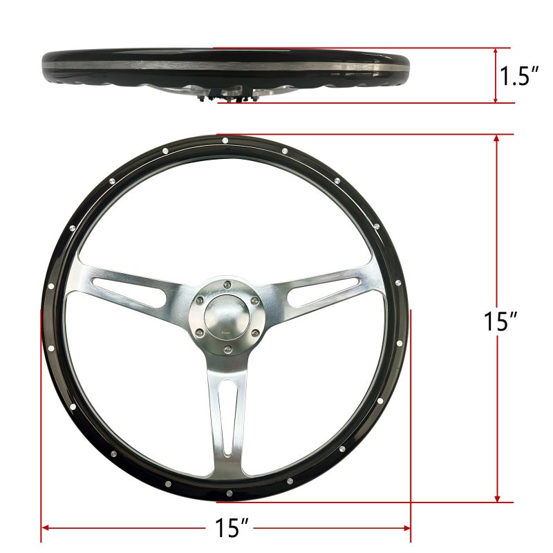Hiracing 15inch Classic Wood Grain Steering Wheel With Riveted Light Grip 380mm Universal 1.5inch Depth Car Racing Wood Steering Wheels Brushed 3 Spoke with Horn button - Image 2