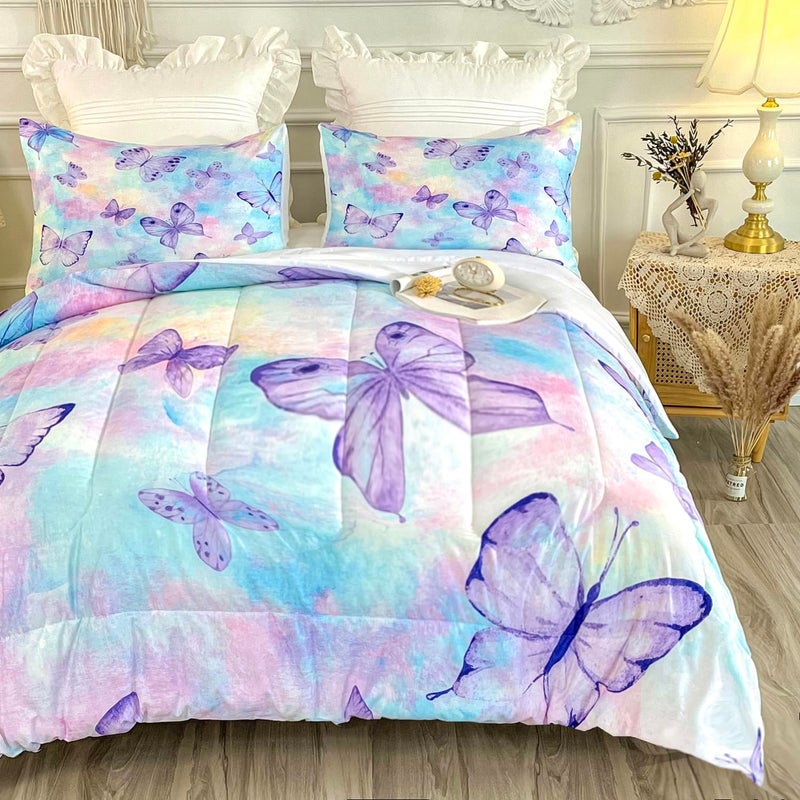 CVHOUSE Butterfly Queen Comforter Set for Girls Teens  3 Pcs 1 Comforter and 2 Pillowcases with Butterfly Bedspread Duvet and Quilt