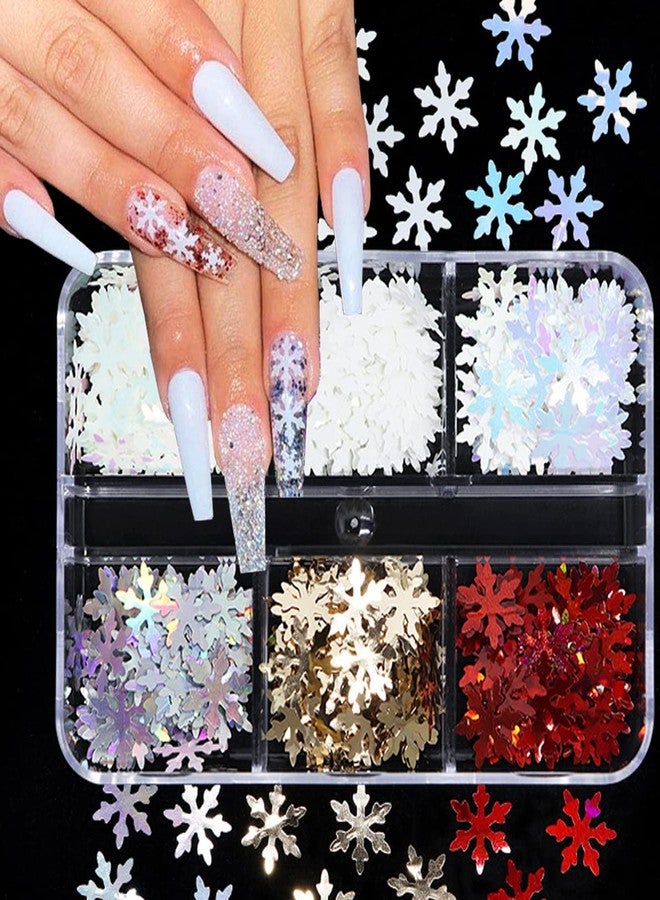 YKZFUI 6 Grids Snowflakes Nail Glitter Sequins,3D Christmas Nail Art Sequins Holographic Snowflake Winter Xmas Nail Art Decoration Christmas Nail Stickers for Women Christmas Party Snow Flakes Nail Supplies - Image 1