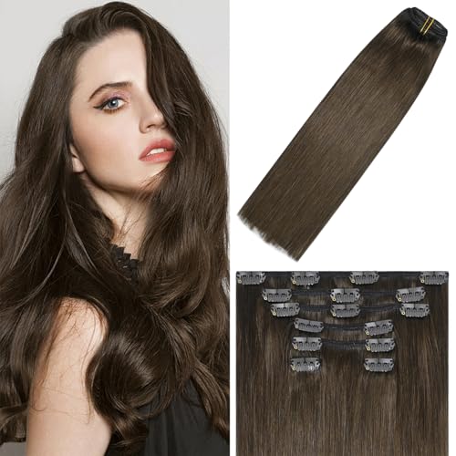 WindTouch Clip in Hair Extensions Real Human Hair 4 Chocolate Brown 12Inch 75g Human Hair Clip in Extensions Soft Natural Straight Medium Brown Hair Extensions for Women - Image 1