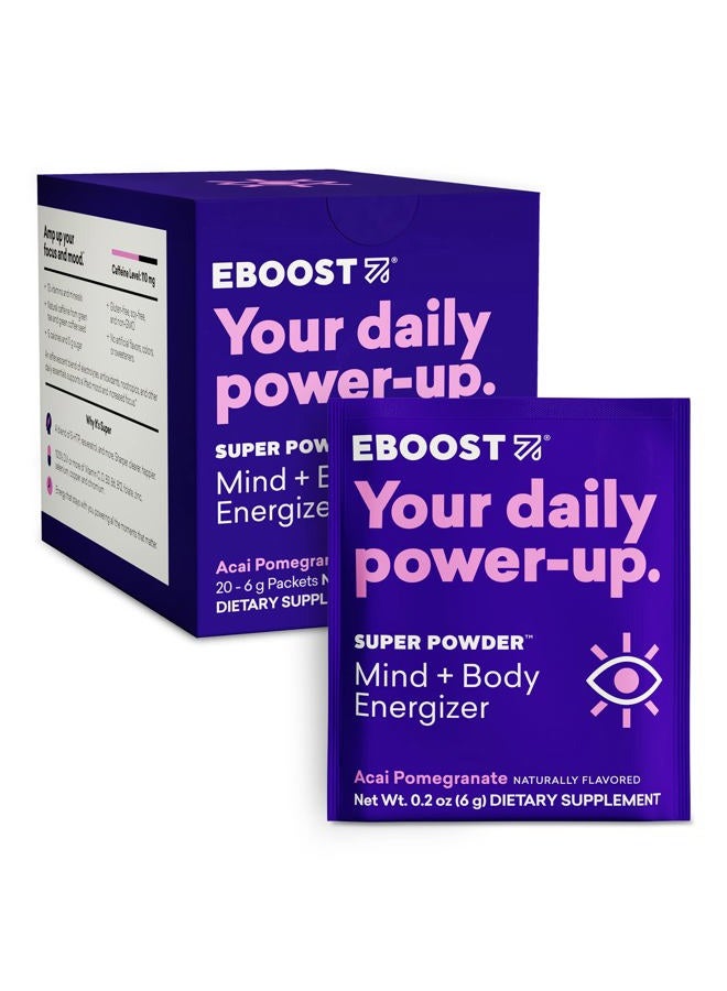 EBOOST Super Energy Powder Drink Mix, Non-GMO Electrolyte Supplement Loaded with Vitamins (Acai Pomegranate), 0.2 Ounce (Pack of 20) - Image 1