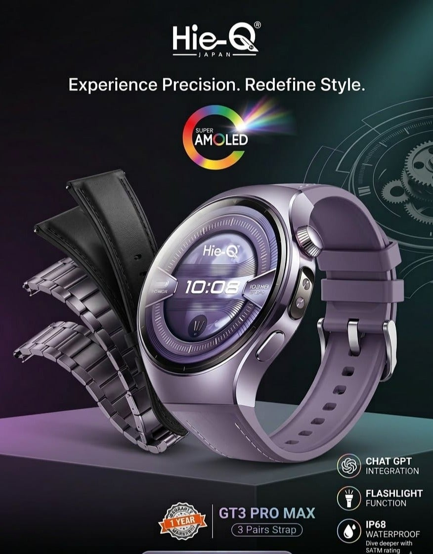 Hie-Q-GT3 Pro max Smart Watch – Advanced Fitness Tracking, Heart Rate & Oxygen Monitoring, Waterproof IP68, Sleep Analysis, Stylish AMOLED Display, Multi-Sport Modes, Smart Notifications, Long Battery Life, Compatible with iOS & Android