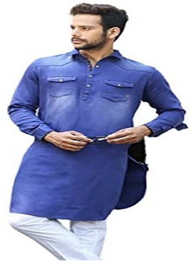 Generic - Eid Special Deal Kurta Ajrak And White Shalwar Special Eid Dress Kurta Dress Shalwar Kameez Dress Sindhi Ajrak Pakistani Dress Eid Suit Slim Fit Kurta Pyjama for Mens (Blue, Med - Image 1