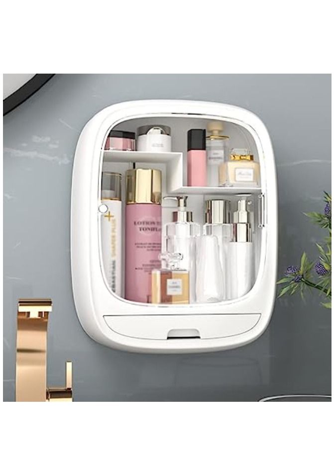 ارواق منظم تخزين مستحضرات التجميل في الحمام مع درج صندوق تخزين مستحضرات التجميل المنزلية ثقب مجاني مثبت على الحائط سعة كبيرة المنزل الأبيض أفضل هدية للسيدات - Image 2