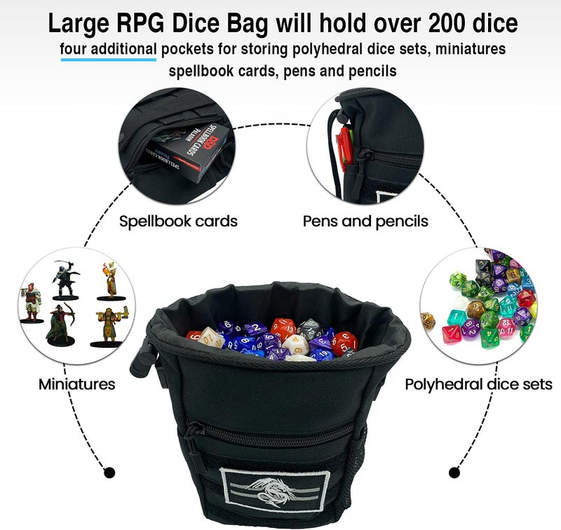 Luck Lab DND Drawstring Dice Bag with Removable Dragon Patch - Multiple Pockets and Large Dice Storage Area (200 + dice) for Dungeons and Dragons (d&d),RPG, MTG and All Table Top Gaming- Black - Image 4