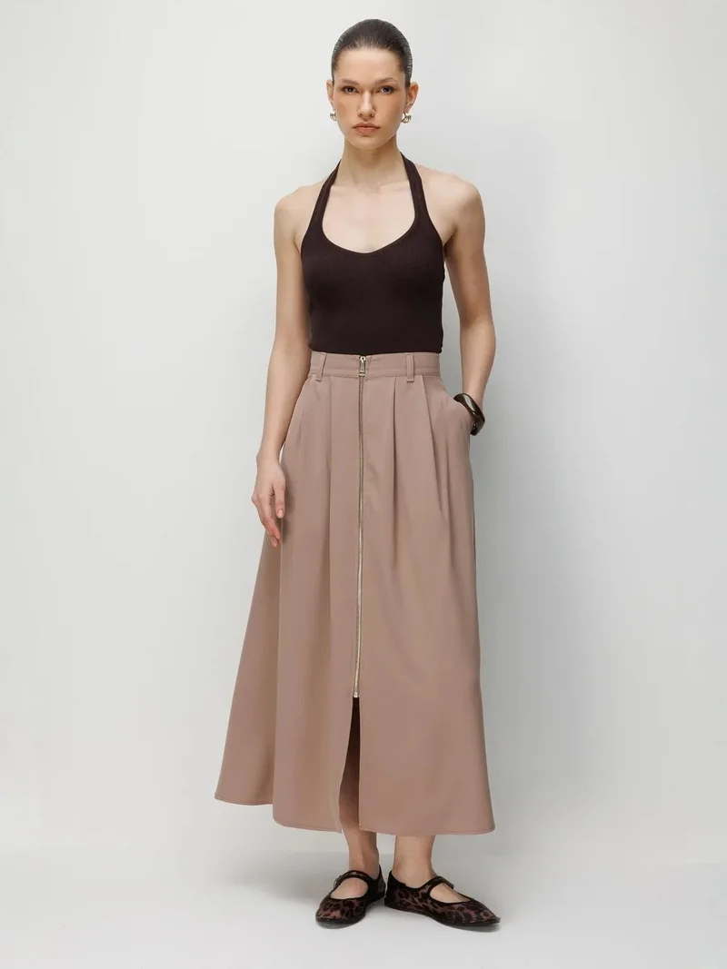ميكسراي MIXRAY High Waist A-Line Midi Skirt with Zipper