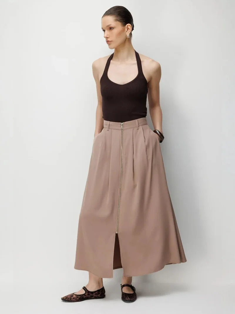 ميكسراي MIXRAY High Waist A-Line Midi Skirt with Zipper