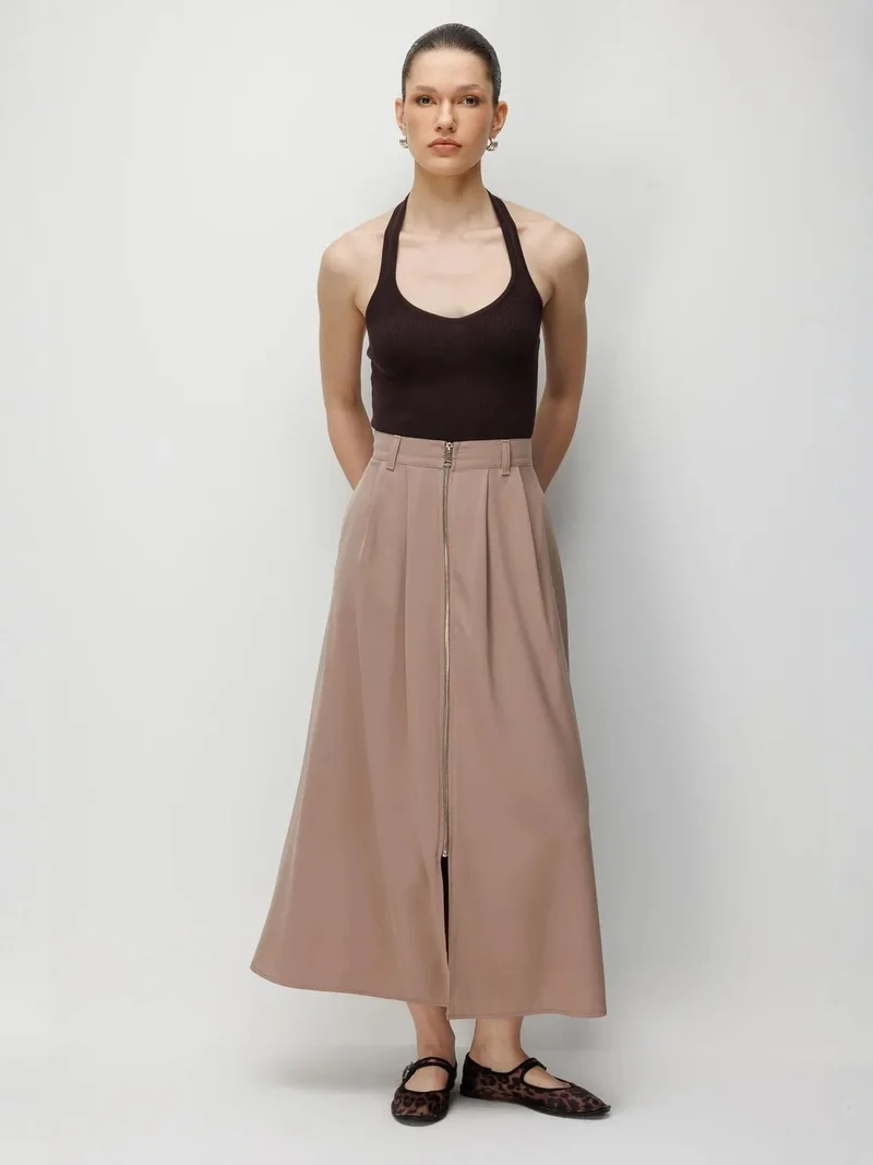 MixRay Camel Brown MIXRAY High Waist A-Line Midi Skirt with Zipper for Women | Best Price UAE