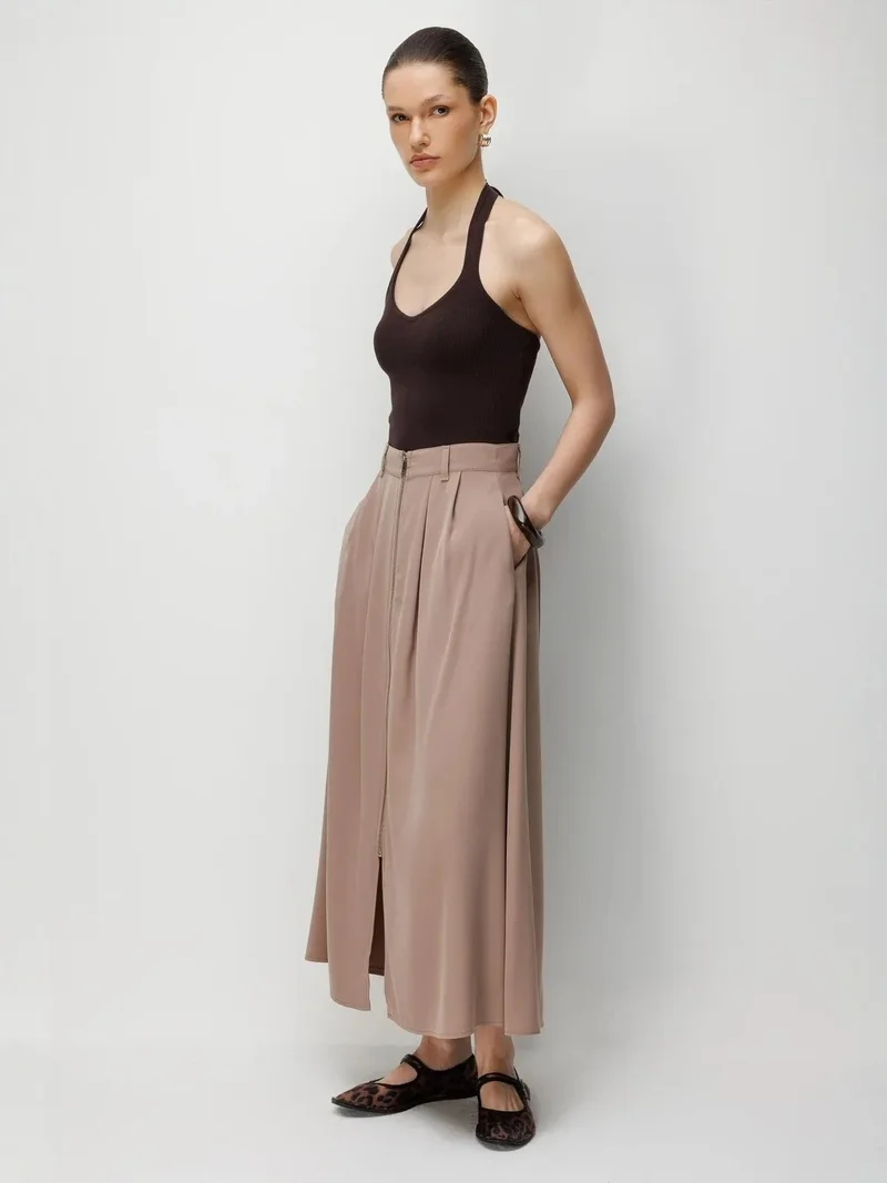 MixRay Camel Brown MIXRAY High Waist A-Line Midi Skirt with Zipper for Women | Best Price UAE
