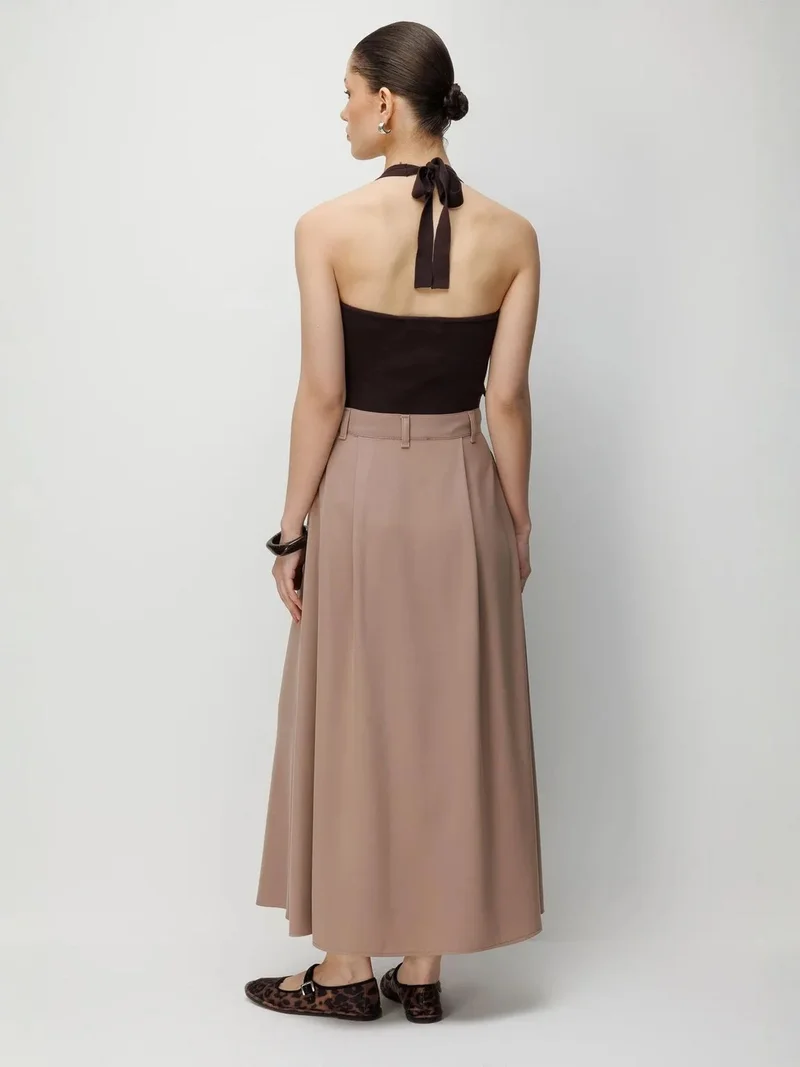 MixRay Camel Brown MIXRAY High Waist A-Line Midi Skirt with Zipper for Women | Best Price UAE