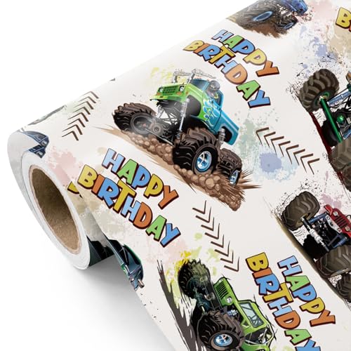 WRAPAHOLIC Monster Truck Birthday Wrapping Paper Roll Mini Roll 17 Inch x 98 Feet Happy Birthday Monster Truck Wrapping Paper Perfect for Kids Boys Baby Shower - Image 1