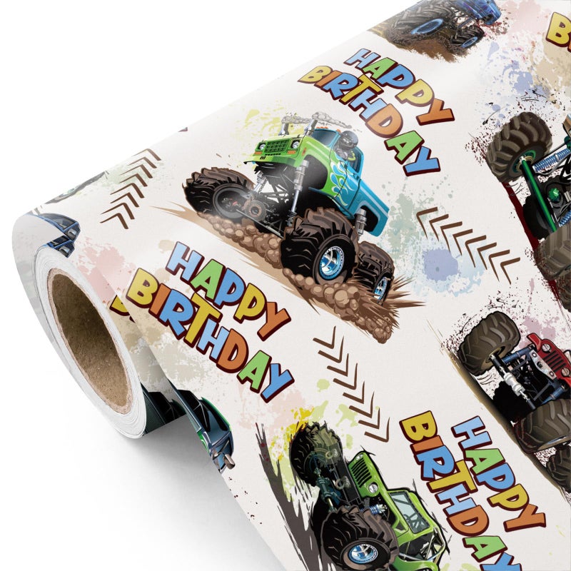 WRAPAHOLIC Monster Truck Birthday Wrapping Paper Roll Mini Roll 17 Inch x 98 Feet Happy Birthday Monster Truck Wrapping Paper Perfect for Kids Boys Baby Shower - Image 2