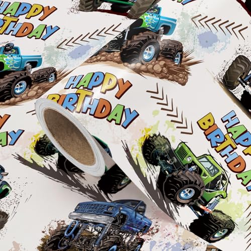 WRAPAHOLIC Monster Truck Birthday Wrapping Paper Roll Mini Roll 17 Inch x 98 Feet Happy Birthday Monster Truck Wrapping Paper Perfect for Kids Boys Baby Shower - Image 3