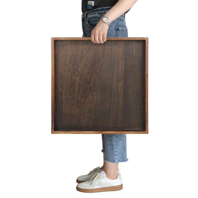EXTRA LARGE SQUARE OTTOMAN TABLE TRAY 20 RUSTIC WOODEN SERVING TRAY FOR FARMHOUSE DECORATIVE OVERSIZED COFFEE TABLE TRAYS LIVING ROOM KITCHEN COUNTER BREAKFAST BROWN