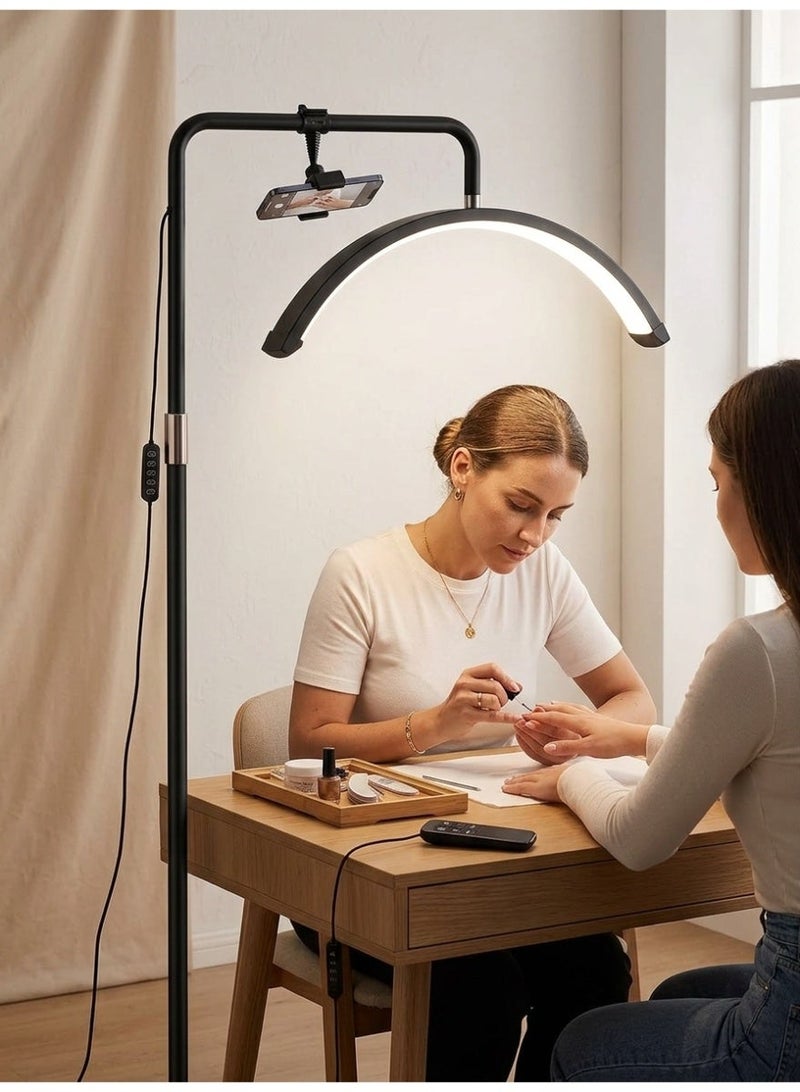 Meishida Floor Half Moon Beauty Lamp – 3 Color Temperatures, 10-Level Brightness, 360° Rotatable LED Eyelash Light with Phone Holder & Remote Control – Adjustable Height Nail Tech Lamp for Lash Extension & Skincare (Black) - Image 1