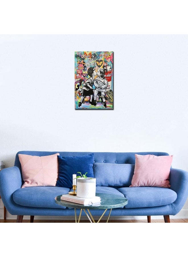 Tucocoo Banksy Street Art Canvas Wall Decor Love is The Answer Graffiti Paintings Little Boy and Girl Kiss Pictures Modern Artwork Home Decor for Living Room Framed Easy to Hang 16x24inch x1Piece - Image 4