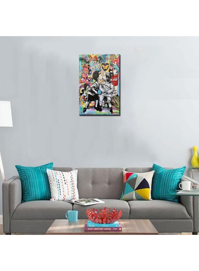 Tucocoo Banksy Street Art Canvas Wall Decor Love is The Answer Graffiti Paintings Little Boy and Girl Kiss Pictures Modern Artwork Home Decor for Living Room Framed Easy to Hang 16x24inch x1Piece - Image 2