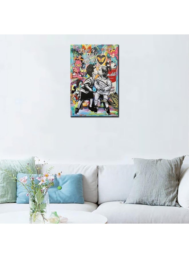 Tucocoo Banksy Street Art Canvas Wall Decor Love is The Answer Graffiti Paintings Little Boy and Girl Kiss Pictures Modern Artwork Home Decor for Living Room Framed Easy to Hang 16x24inch x1Piece - Image 3