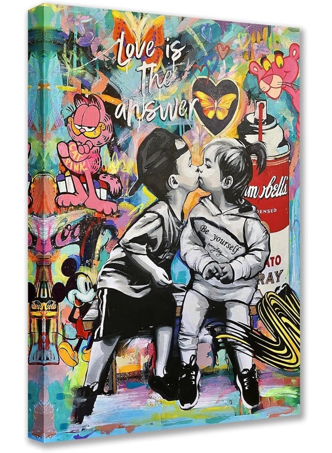 Tucocoo Banksy Street Art Canvas Wall Decor Love is The Answer Graffiti Paintings Little Boy and Girl Kiss Pictures Modern Artwork Home Decor for Living Room Framed Easy to Hang 16x24inch x1Piece - Image 1