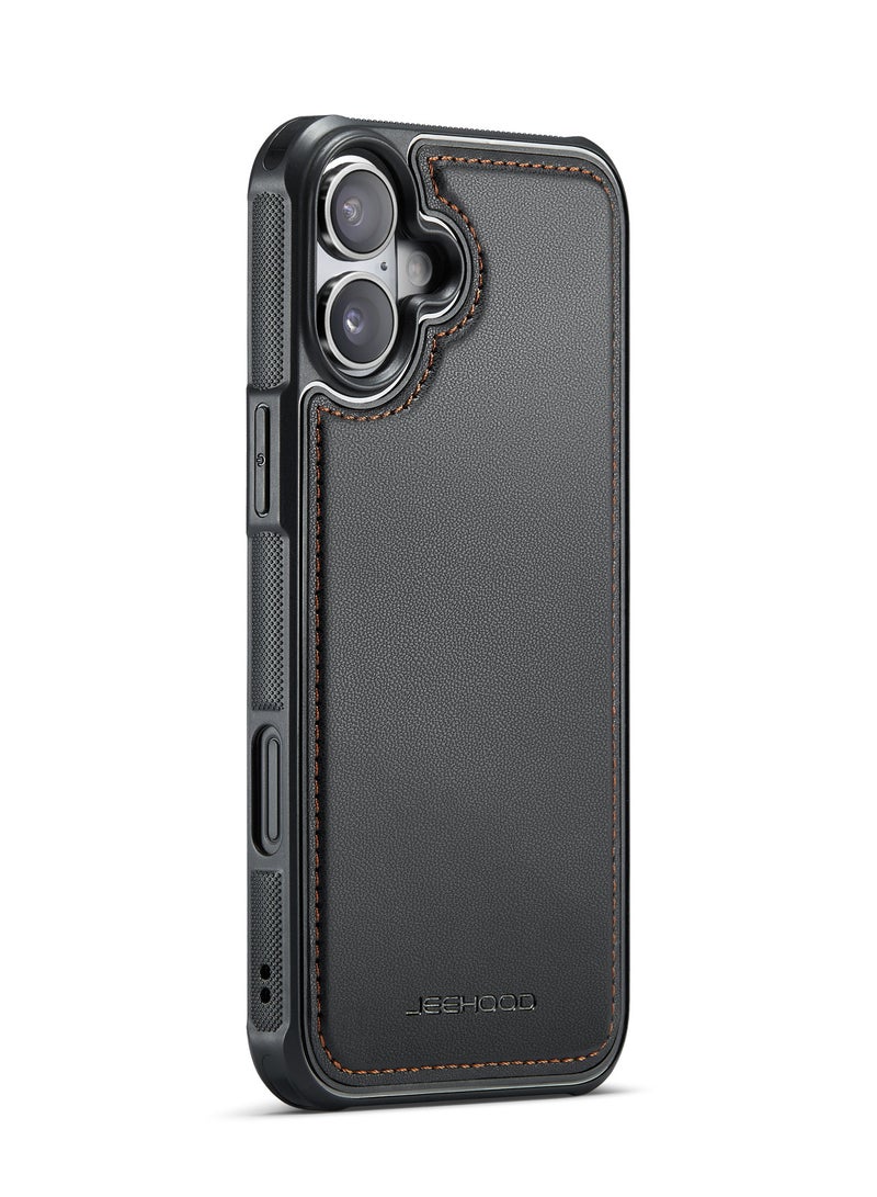 JEEHOOD CaseMe Phone Case Compatible with iPhone 16 Luxury PU Leather Back Cover Cover Magnetic Wireless Charging Compatible with iPhone 16 (Black) - Image 1