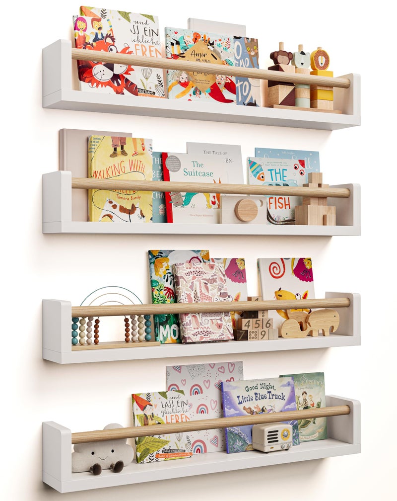Seocry Nursery Book Shelves, 4 Pack, Wall Book Shelves for Kids Room, Baby, Toddler, Nursery Decor (White Wood, 23 Inches) - Image 1