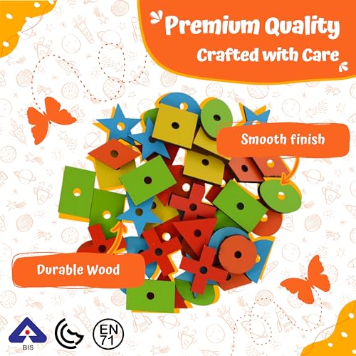 Skillofun Wooden Geometric Beads for 2 year Old , Colorful Shapes For Beading | Fine Motor Activity Toys For Kids | Develops Color Recognition Hand-eye Coordination | Beads For Kids Activity - Image 3