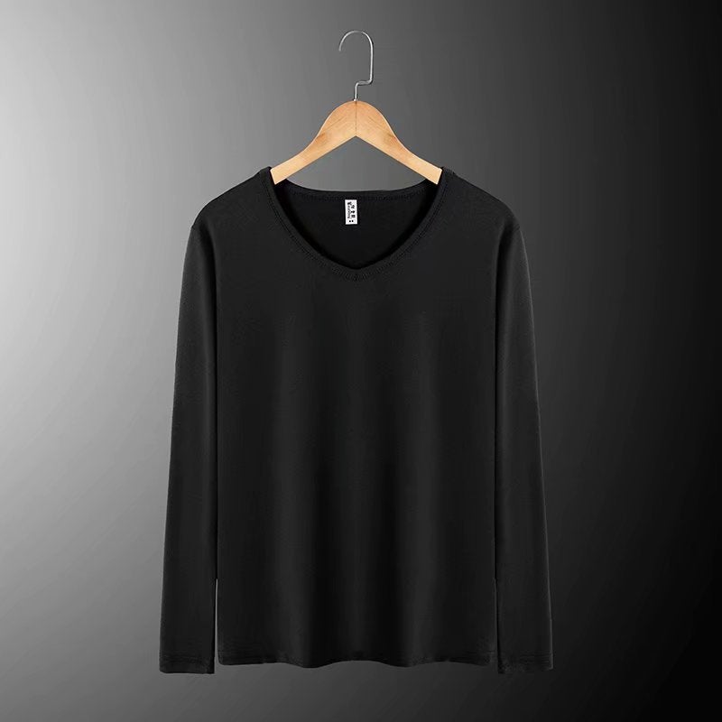 Men's Slim Pure Color Long-Sleeved T-Shirt Spring and Autum Youth Pure Color Black V Neck T-Shirt Autum Clothes Bottoming Shirt - Image 2